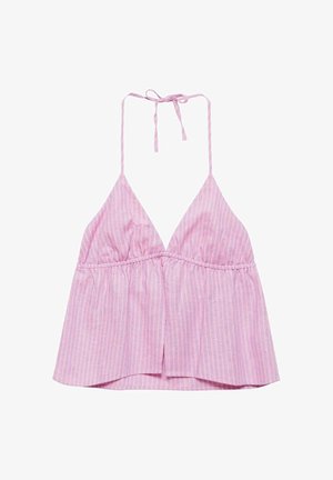 Roze en paarse gestreepte haltertop met diepe V-hals en een geplooide taille, gestrikt bij de nek met dunne bandjes.