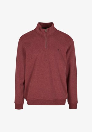 Bordový fleece pulóver s vysokým golierom, polovičným zipsom a rebrovanými manžetami. Na hrudi sa nachádza malé logo. Mäkká textúra, voľný strih.