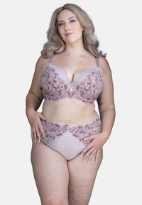 Mauve lingerie set featuring floral lace detailing; padded bra with plunge neckline and matching high-waisted panties. Smooth texture.