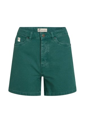 Shorts en denim vert avec une taille haute, un design à cinq poches et une fermeture à boutons sur le devant. Présente des détails cousus et une étiquette logo sur la ceinture.
