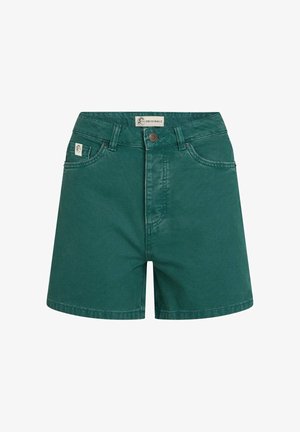 Shorts en denim vert avec une taille haute, un design à cinq poches et une fermeture à boutons sur le devant. Présente des détails cousus et une étiquette logo sur la ceinture.