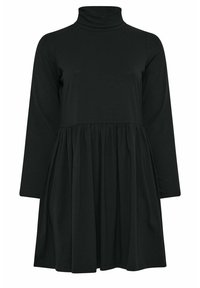Czarna sukienka z długim rękawem, z wysokim kołnierzem i plisowanym dołem. Wykonana z miękkiego materiału o luźnym kroju, w jednolitym kolorze.