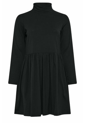 Abito lungo nero a maniche lunghe con collo alto e gonna plissettata. Realizzato in tessuto morbido con una vestibilità rilassata, presenta un design in tinta unita.