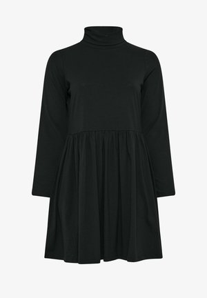 Vestido negro de manga larga con cuello alto y falda plisada. Hecho de un tejido suave con un corte relajado, con un diseño de color sólido.