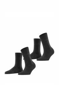 Vier Paare von dunkelgrauen Socken, aus einem weichen, strukturierten Material, mit einem gerippten Bündchen und einem nahtlosen Zehenbereich.