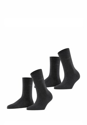 Vier Paare von dunkelgrauen Socken, aus einem weichen, strukturierten Material, mit einem gerippten Bündchen und einem nahtlosen Zehenbereich.