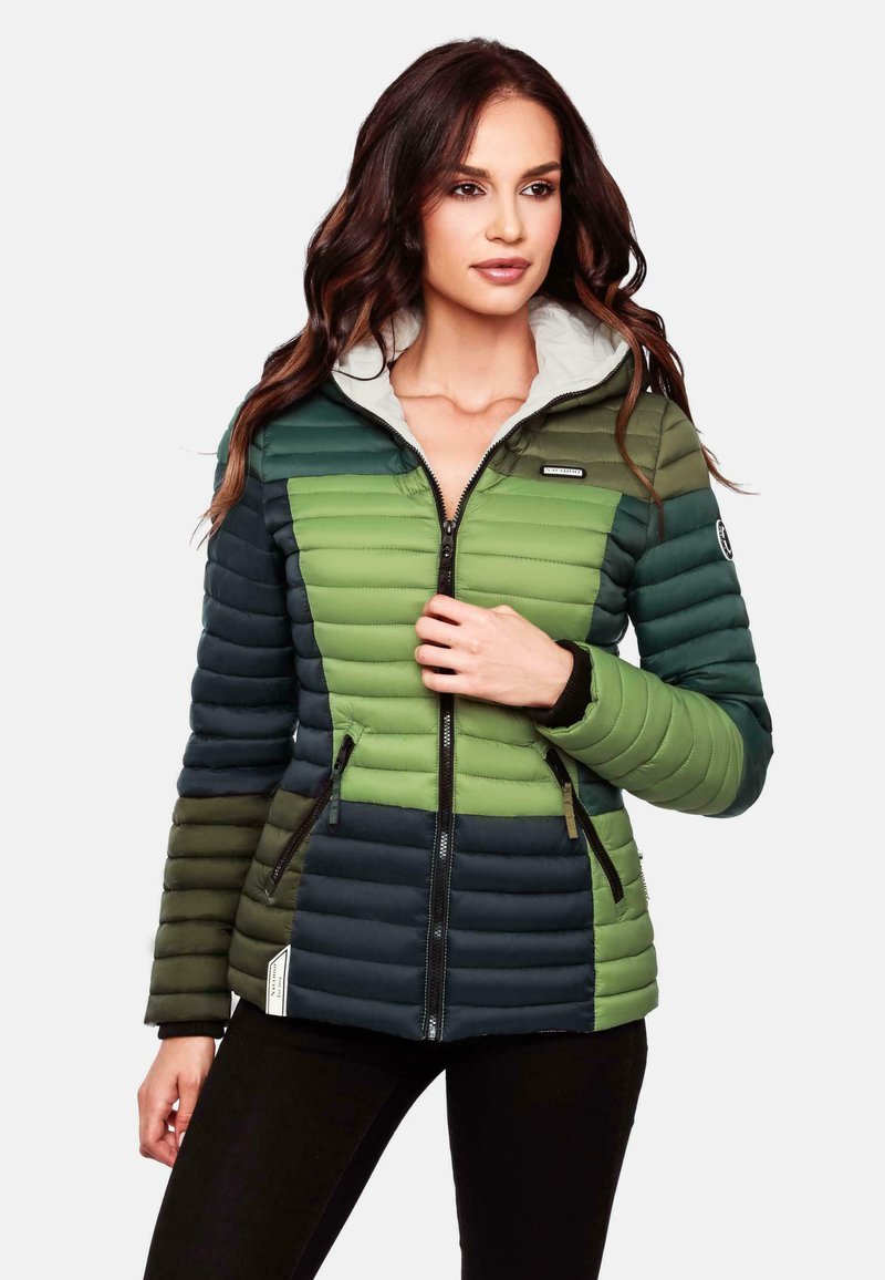 Heat-retaining puffer jacket in green tones, featuring horizontal quilted texture, zippered pockets, and a gray hood.