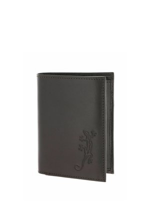 Black leather bi-fold wallet with embossed gecko design on front, shown partially open against a white background.