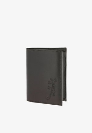 Black leather bi-fold wallet with embossed gecko design on front, shown partially open against a white background.