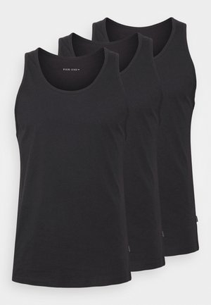 Black cotton tank tops in a set of three. Features a round neckline, sleeveless design, and a straight hem. Smooth texture, minimal branding.