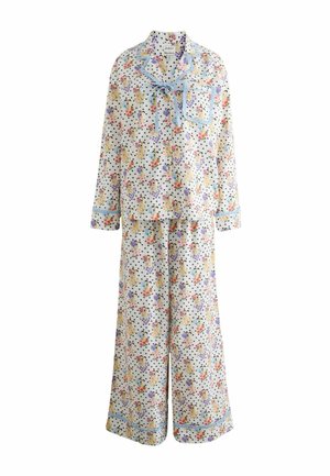 Ensemble de pyjama à manches longues avec motif floral et pois noirs, bordure bleu clair et un nœud noué au col du haut.