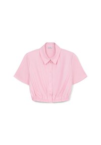Blusa a maniche corte tagliata in rosa chiaro, con chiusura a bottoni frontale, collo a camicia e orlo arricciato per un look aderente.