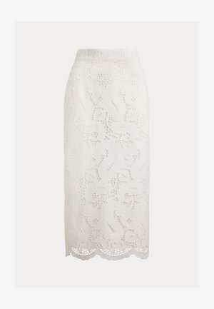 Fustă creion albă, până la genunchi, cu un model complex din dantelă florală și tiv ondulat.