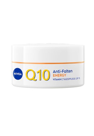 NIVEA Q10 Anti-Wrinkle Energy day cream with Vitamin C and SPF 15 in a white jar with orange and blue text.