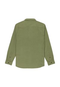 Camisa de manga larga en verde oliva, hecha de una tela texturizada. Cuenta con un collar estándar y puños abotonados. Espalda lisa con un dobladillo inferior recto.