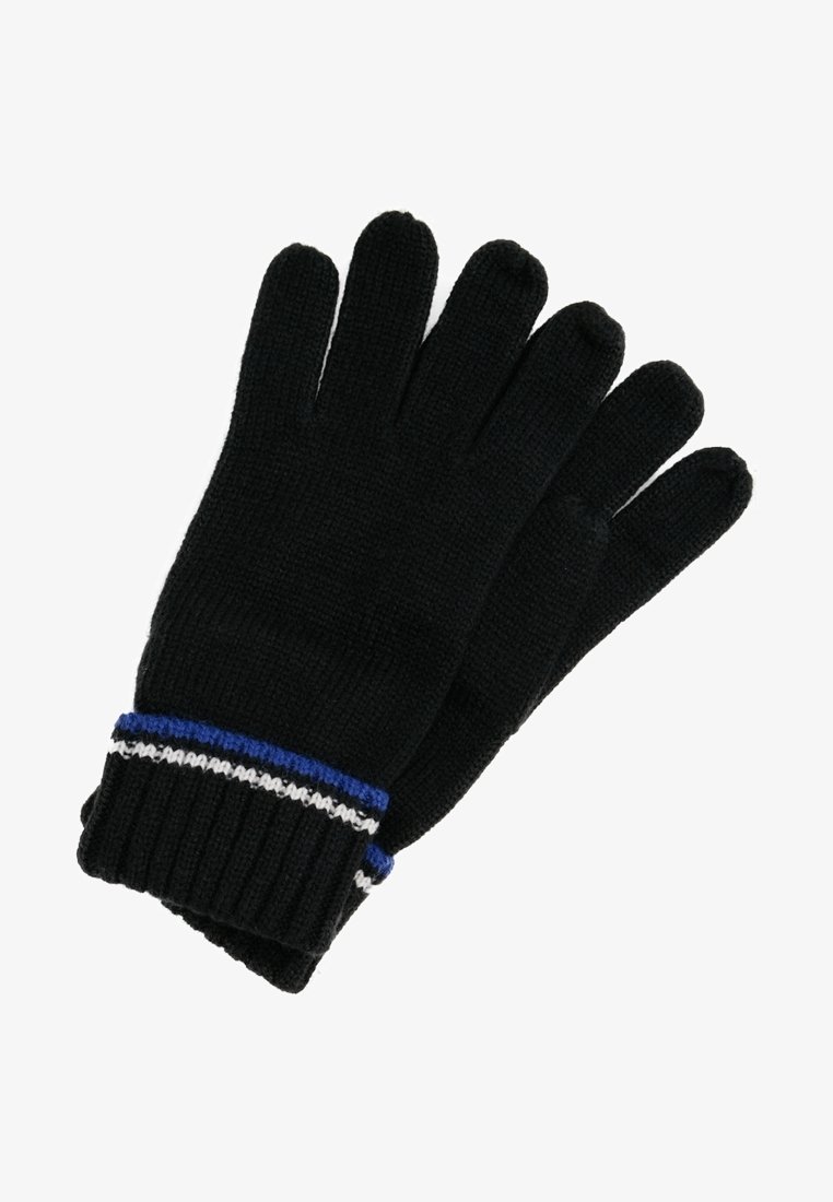 Gants tricotés noirs avec poignets côtelés présentant des rayures bleues, blanches et noires, conçus pour les temps froids.