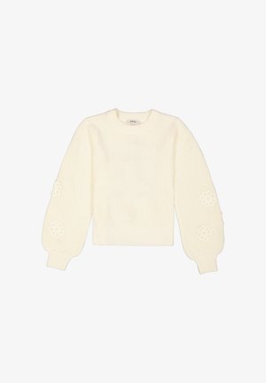 Crème gebreide trui met lange, gepofte mouwen, geribde manchetten en zoom, met kleine bloemvormige versieringen op de mouwen.