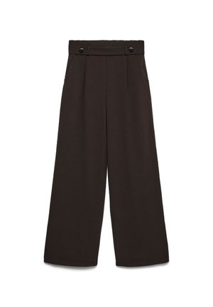 Wide-leg trousers in dark brown fabric, featuring a high waistband, two front pockets, and two front buttons for closure. Smooth texture.
