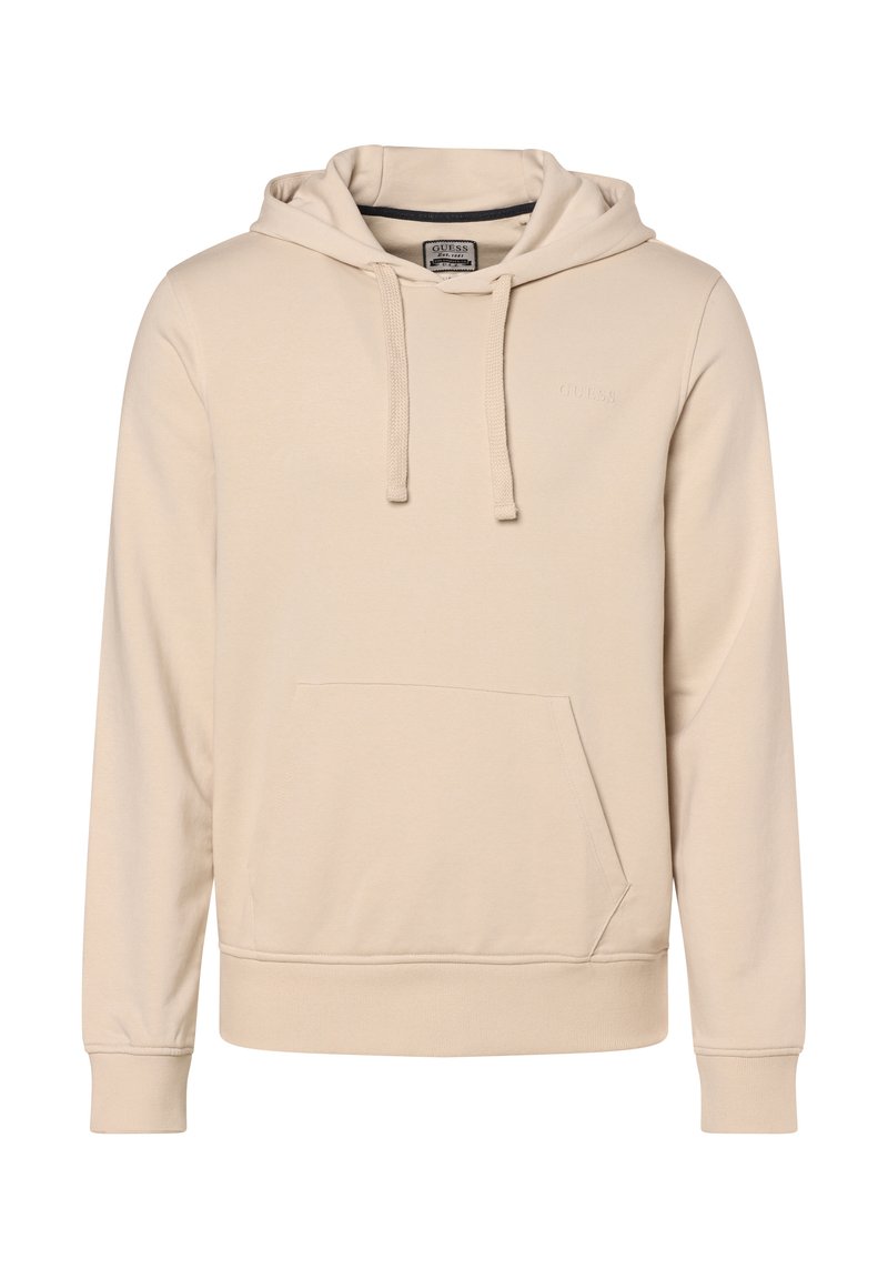 Felpa con cappuccio beige realizzata in tessuto morbido, con tasca frontale, coulisse e polsini e orlo a coste. Piccolo logo sul petto.