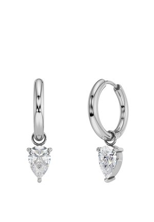 Silver hoop earrings with pear-shaped clear gemstones dangling from each hoop, shown on a white background.