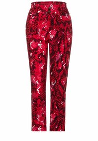 Röda och svarta högmidjade byxor med ett abstrakt ormskinnsmönster och knappförslutning på det elastiska midjebandet.