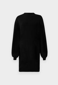 Abito nero a maglia con collo alto, maniche lunghe a palloncino e vestibilità comoda. Texture liscia e colore uniforme; nessun motivo o dettaglio visibile.