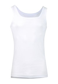 Débardeur blanc en coton lisse ; présente un décolleté large, un design sans manches et un ourlet droit sans motifs ni accents.