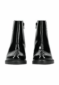 Stivaletti alla caviglia in vernice nera con un design elegante, caratterizzati da una texture liscia, tacco basso a blocco e zip posteriori per una facile calzata.