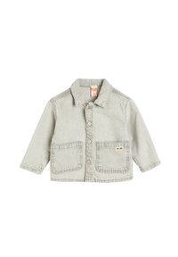 Lichtgrijze denim jack met een knoopsluiting aan de voorkant, twee voorzakken en een opgevouwen kraag. Bevat een klein label op de linkerzak.