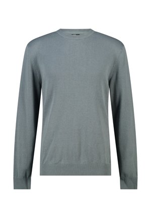 Trui met lange mouwen en ronde hals in effen gedempt grijs, met geribde boorden en zoom, getoond op een witte achtergrond.