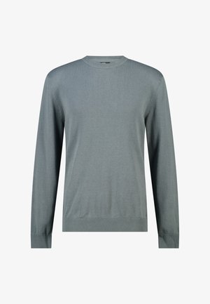 Langärmliger Pullover mit Rundhalsausschnitt in einfarbigem, gedämpftem Grau mit gerippten Bündchen und Saum, dargestellt auf weißem Hintergrund.