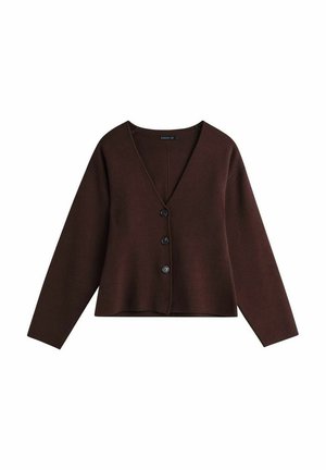 Donkerbruine cardigan met lange mouwen, V-hals en drie zwarte knopen aan de voorkant, gemaakt van zachte stof.