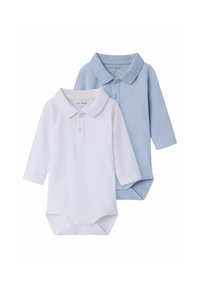 Set med två långärmade babybodysuits i ljusblått och vitt. Var och en har en polo-krage och tryckknappar i botten. Mjuk bomullsmaterial.