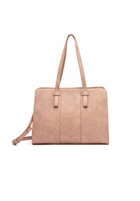 Rosa faux läder tote-väska med dubbla handtag, en avtagbar rem och en slät strukturerad yta. Har minimal sömnad och dragkedjor.
