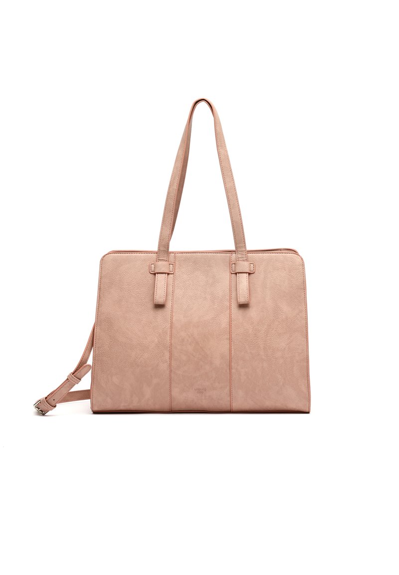 Rosa faux läder tote-väska med dubbla handtag, en avtagbar rem och en slät strukturerad yta. Har minimal sömnad och dragkedjor.