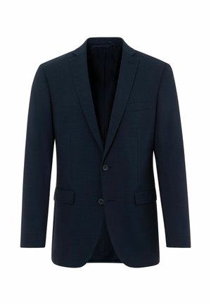 Dunkel marineblaues Herren-Sakko mit zwei vorderen Knöpfen, Revers mit Kerbkragen und zwei Pattentaschen, vor weißem Hintergrund präsentiert.