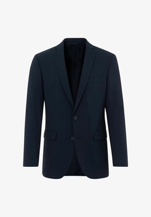 Dunkel marineblaues Herren-Sakko mit zwei vorderen Knöpfen, Revers mit Kerbkragen und zwei Pattentaschen, vor weißem Hintergrund präsentiert.