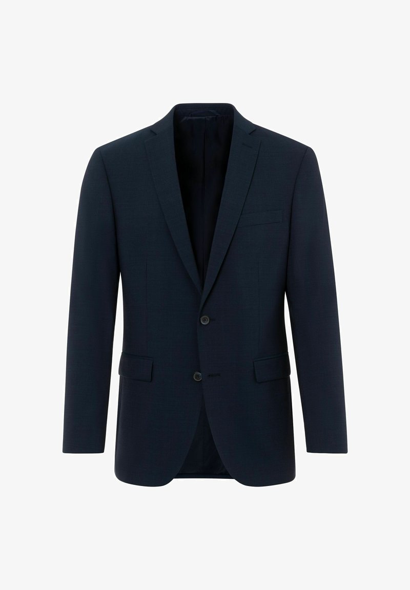 Dunkel marineblaues Herren-Sakko mit zwei vorderen Knöpfen, Revers mit Kerbkragen und zwei Pattentaschen, vor weißem Hintergrund präsentiert.