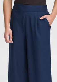 Navy wide-leg trousers made of smooth fabric, featuring a high waistband, pleats, and side pockets. Close-up on pocket and waistband detail.