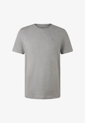 Ein hellgraues, kurzärmliges T-Shirt mit Rundhalsausschnitt und einem kleinen, dezenten Logo auf der linken Brust.