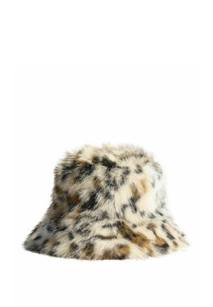 Faux fur bucket hat with a spotted pattern in beige, brown, and black. Soft texture and wide brim for coverage, tapering to a rounded crown.
