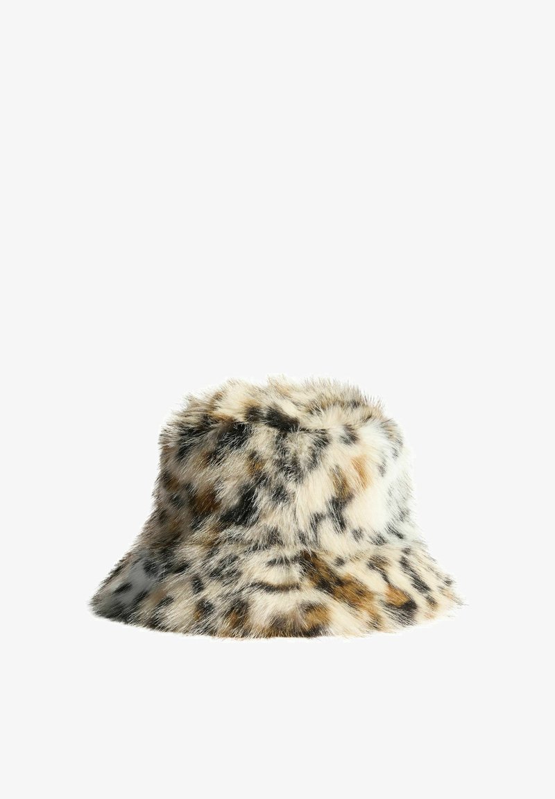 Faux-Fur-Bucket-Hut mit einem gepunkteten Muster in Beige, Braun und Schwarz. Weiche Textur und breiter Rand für Schutz, der sich zu einer abgerundeten Krone verjüngt.