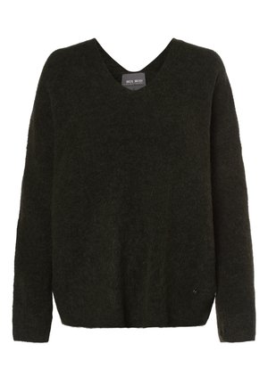 Mørkeolivengrøn, langærmet, blød sweater med V-udskæring og en lille mærkeetiket nær halsudskæringen.