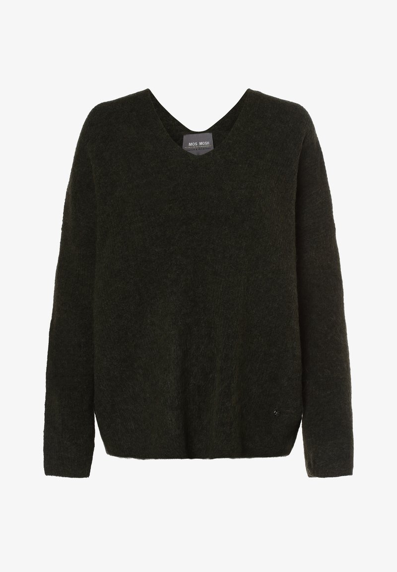 Pull à manches longues en mohair vert olive foncé avec col en V et une petite étiquette de marque près de l'encolure.