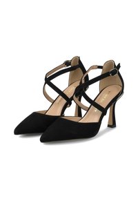 Zapatos de tacón alto de ante negro con punta afilada y correas en el tobillo entrelazadas. Cuenta con un tacón delgado y un forro interior suave.