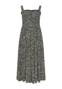 Maxiklänning med svartvita blad- och zebramönster; smockad byst, justerbara axelband, flödande kjol, tillverkad av lättviktigt tyg.