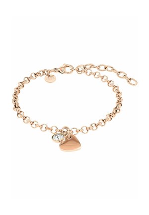 Rosegouden kettingarmband met hartvormige hanger en kleine heldere edelsteenhanger op witte achtergrond.