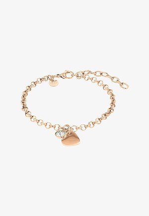 Roségold-Armband mit kette, Herzförmigem Anhänger und kleinem, klarem Edelsteinanhänger auf weißem Hintergrund.
