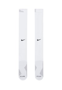 Nike sportsokken in het wit, met een zwart logo, versterkt ontwerp van de teen, ribbelstructuur en subtiele grijze strepen op het midden.