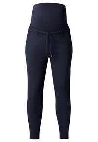 Zwangere joggers in donkerblauw, gemaakt van zachte stof met een elastische tailleband en een trekkoord. Heeft taps toelopende benen en geen zakken.